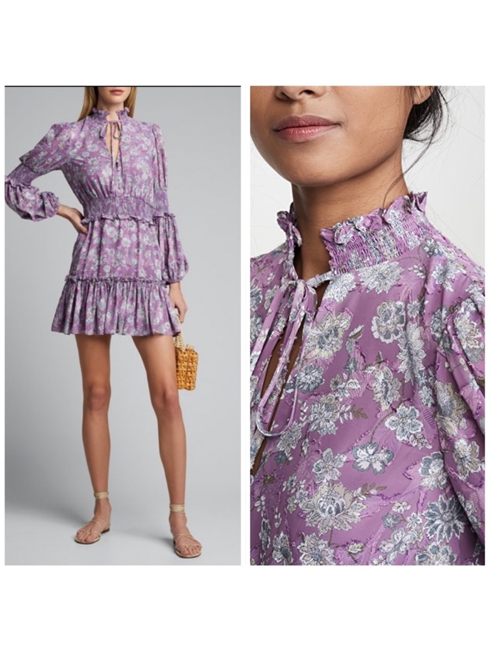 Alexis Rosewell Mini Dress
Medium Purple Lilac Floral Smocked Ruffle Brunch‎